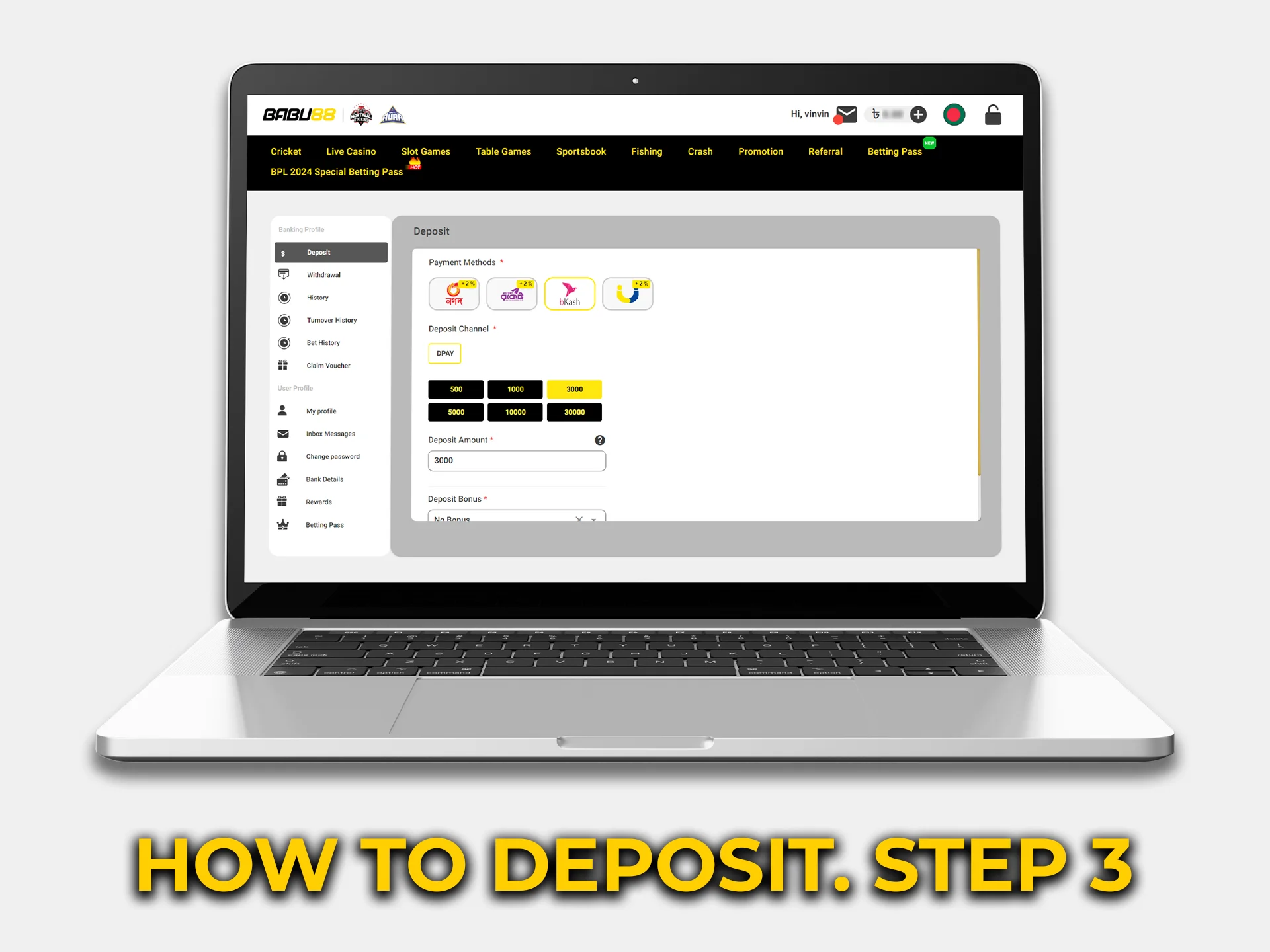 Choose a convenient deposit method and input the amount.