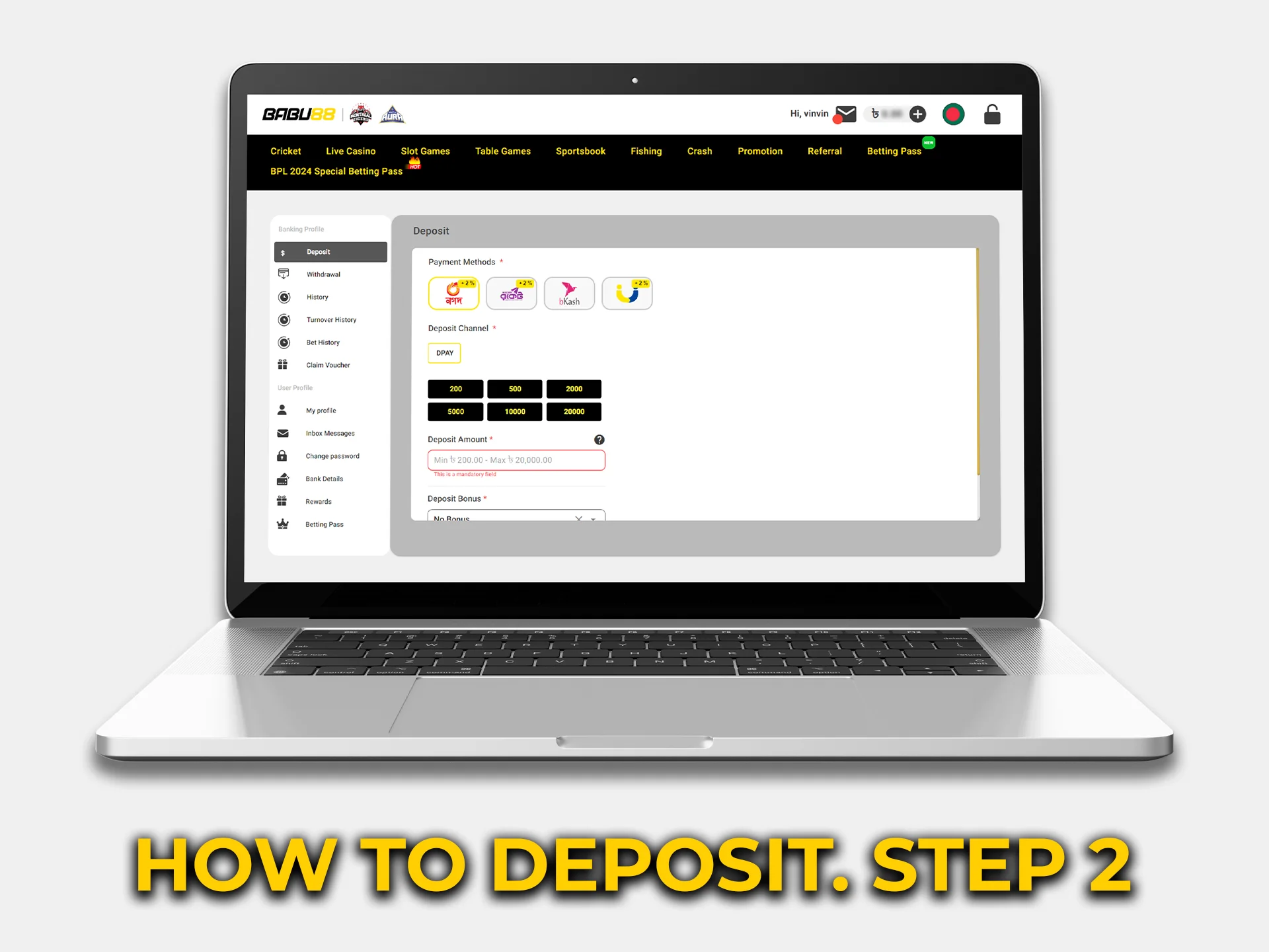 Navigate to the deposit page to initiate the deposit process.