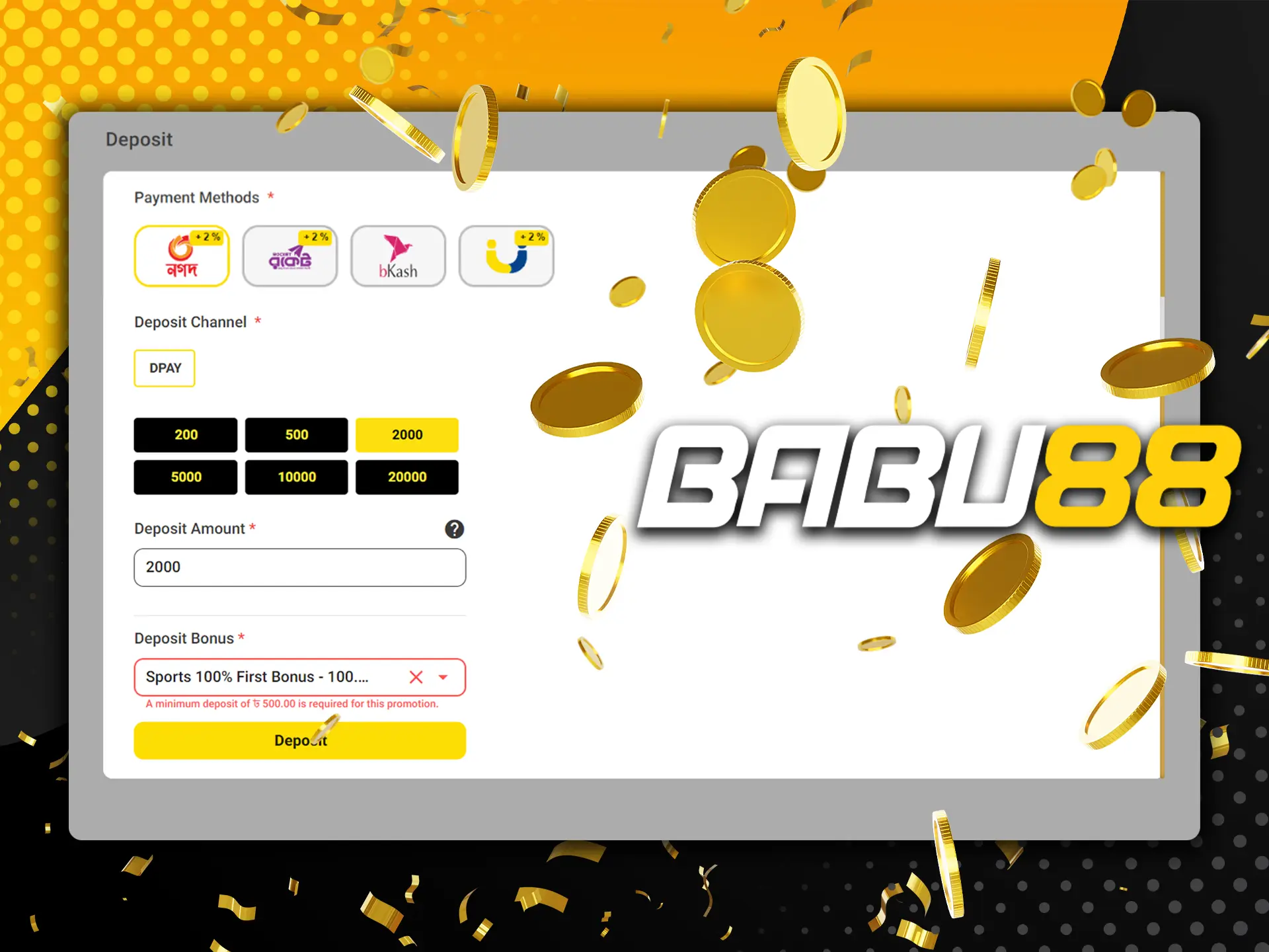 Babu88 Bangladesh provides players with multiple convenient options to deposit funds into their accounts.